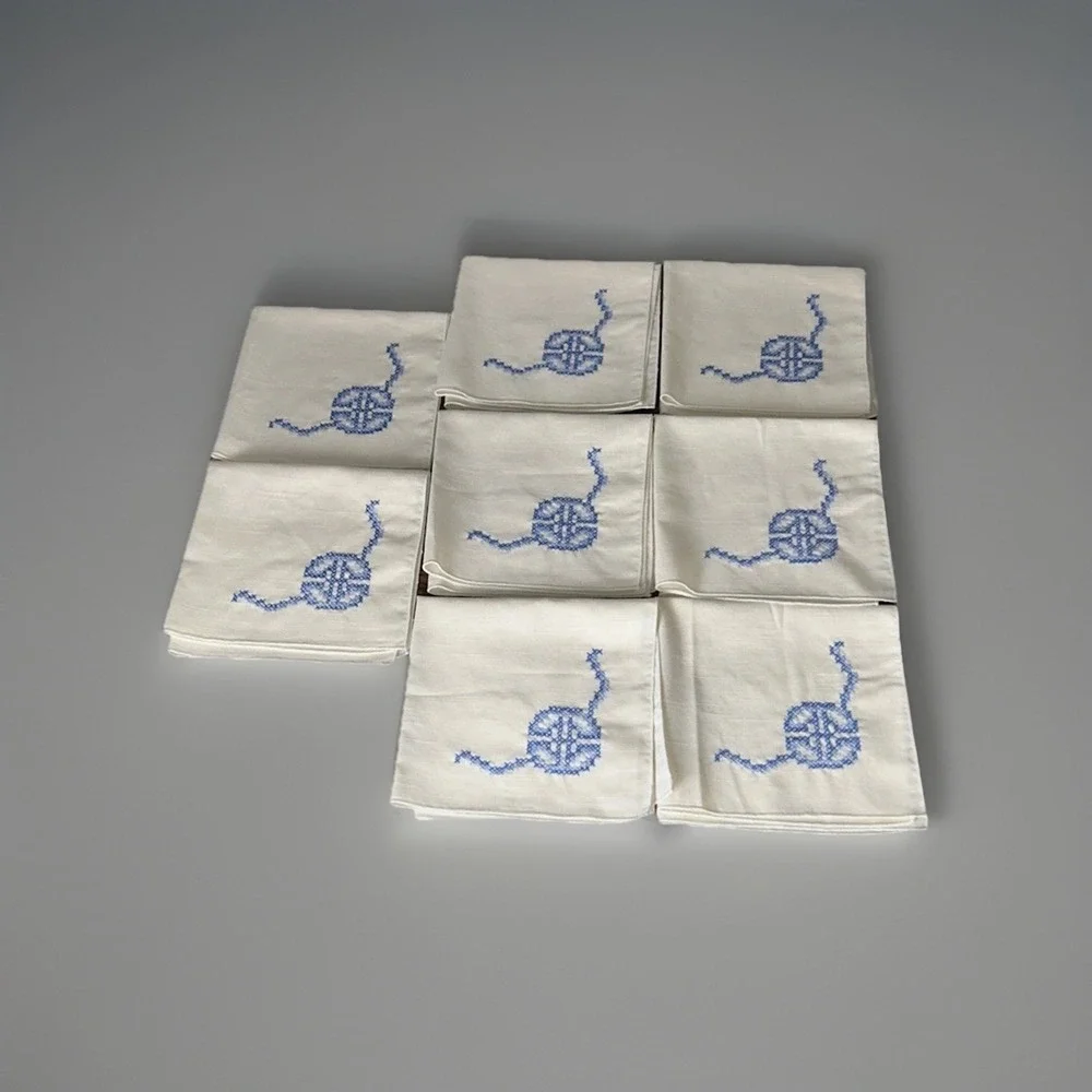 Vintage Hand Embroidered Linen Napkins Set 8 Blue Monogram Cross Stitch USA